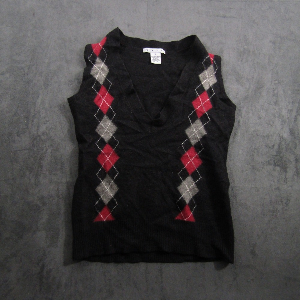 Cabi Sweater Vest Women Medium Black Argyle Lambs Wool V-Neck Sleeveless 732
